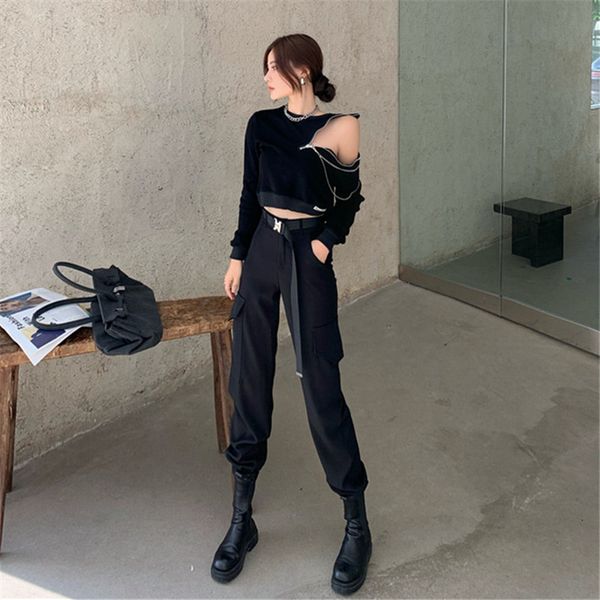 

capris High-waisted woman-leg drop trousers straight down black cargo women's pants a194, Black;white