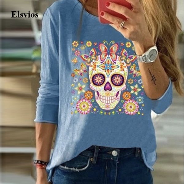 

women's t-shirt summer spring long sleeve pullover sweatshirt casual butterfly skull print loose tee shirt fashion women o-ne, White