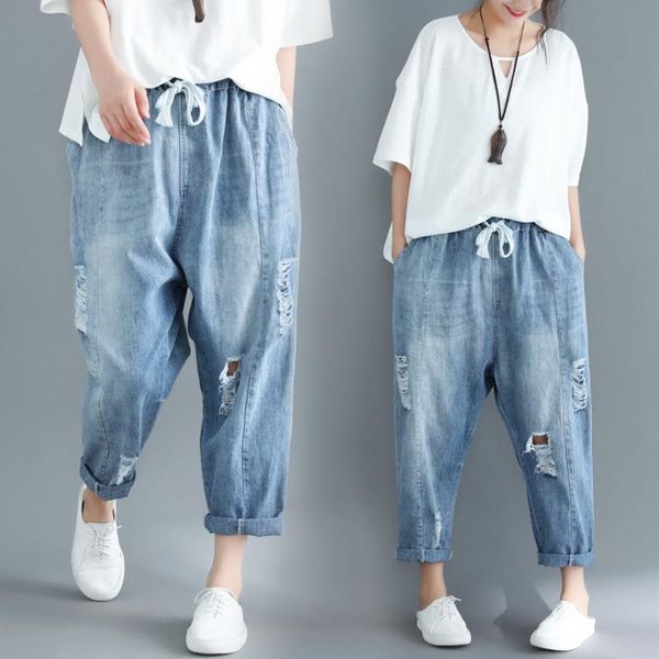 

women's pants & capris large size female foreign water washed hole jeans wild loose thin lost harem women, Black;white