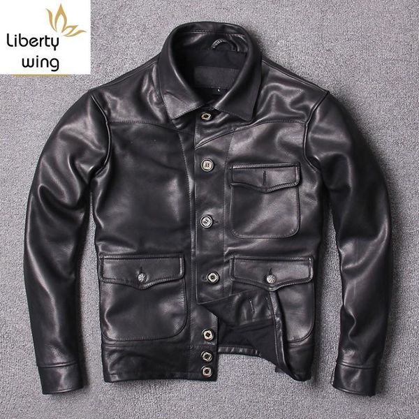 

men's leather & faux men vintage black genuine cow jacket lapel fashion slim fit real 100% cowhide jackets male motorcycle biker coat