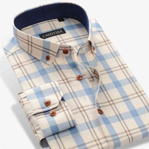 Masculino 100% algodão de manga comprida contraste xadrez xadrez camisa de bolso-menos design casual padrão de ajuste para baixo Gingham camisas 210809