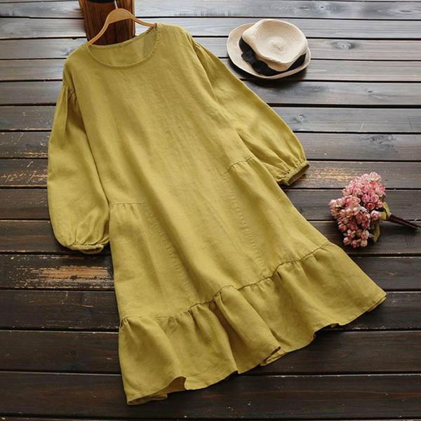 

casual dresses 2021 autumn solid mini dress women's vintage linen o neck stitching ruffled lantern sleeve tunic vestidos robe femme, Black;gray