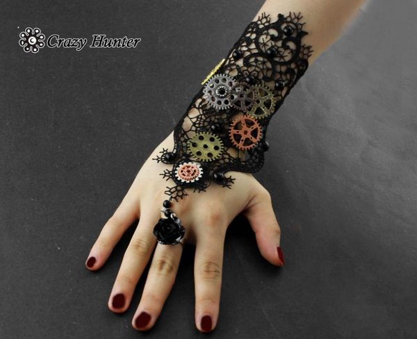 

fingerless gloves womens gothic steampunk gears lace cuff black, Blue;gray
