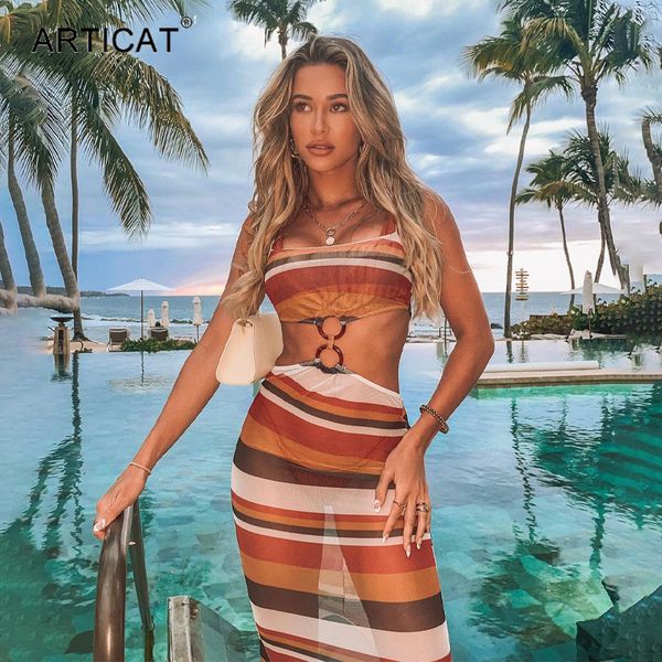 

mesh stripe print long dress women summer see through spaghetti strap hollow out holiday beachwear dresses 2021high quality, Black;gray