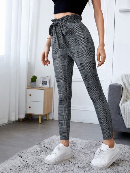 

tie front plaid paperbag skinny pants u4l6#, Black;white