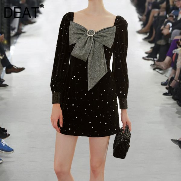 

[deat] summer new fashion tide square collar high waist bow long sleeve splicing sequins personality dress women 13q047 210430, Black;gray