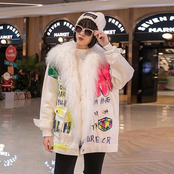 

women's jackets streetwear faux mongolia sheep fur collar graffiti print female warm denim parkas winter long sleeve casual women plush, Black;brown