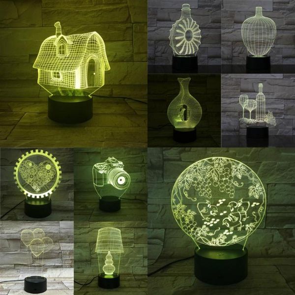 

night lights home 3d lamp wine bottle house ballon camera luminaria acrylic plate children creative beautiful birthday present luces led dec