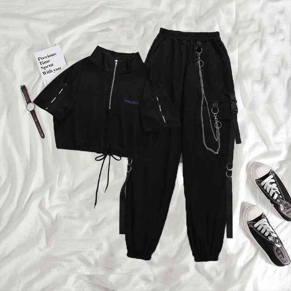 

harajuku techwear black cargo punk women pants chain wide leg trousers for female hip hop mall goth streetwear joggers, Black;white