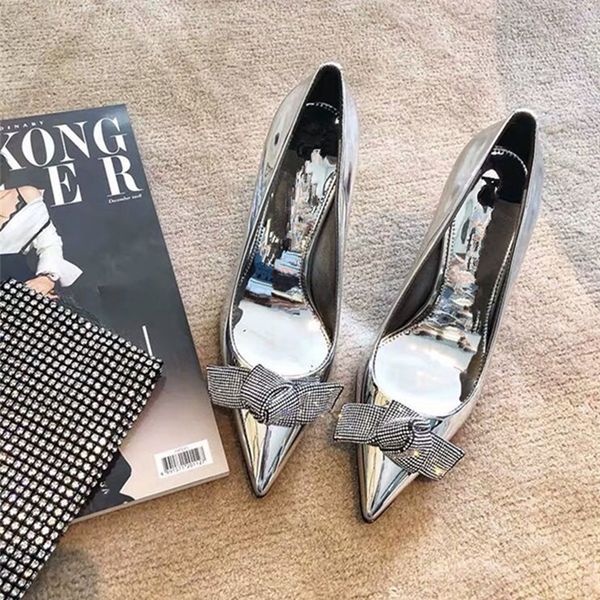 

shoe silver high heels 2021 9 thin french bow rhinestone, Black