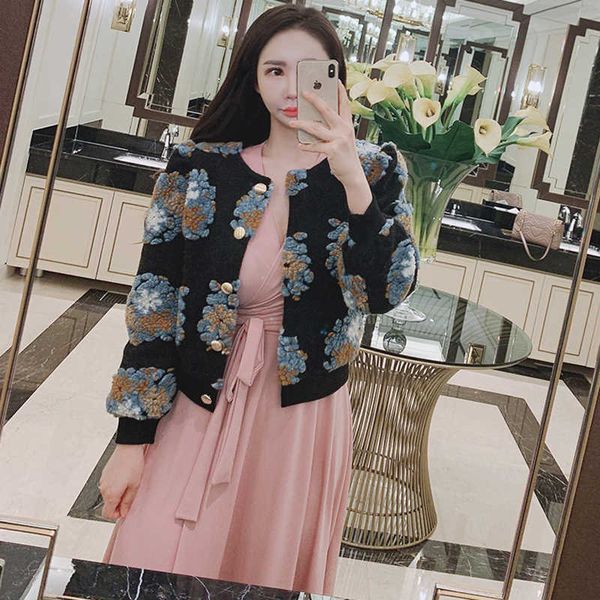 

3d flower woolen short jacket coat autumn winter women o-neck lantern sleeve fluffy outerwear female 210529, Black;brown