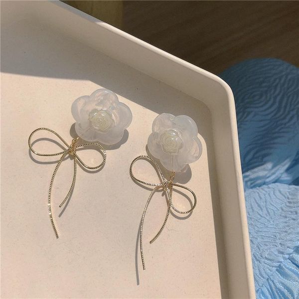 

dangle & chandelier fairy korean white flower bow-knot earring for women femme temperament hollow out metal tassel wedding jewelry, Silver