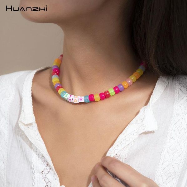 

chokers huanzhi 2021 trendy boho style colorful acrylic letters sweet translucent beaded necklace for ladies girls summer party jewelry, Golden;silver