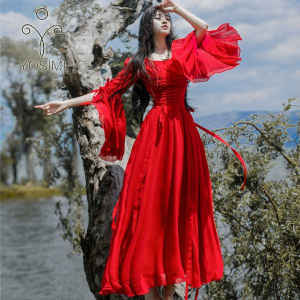 Yosimi Yaz Elbise Maxi Zarif Beyaz Şifon Uzun Kadın Parti O-Boyun Kırmızı Kelebek Tam Kollu Kadın Vestido 210604