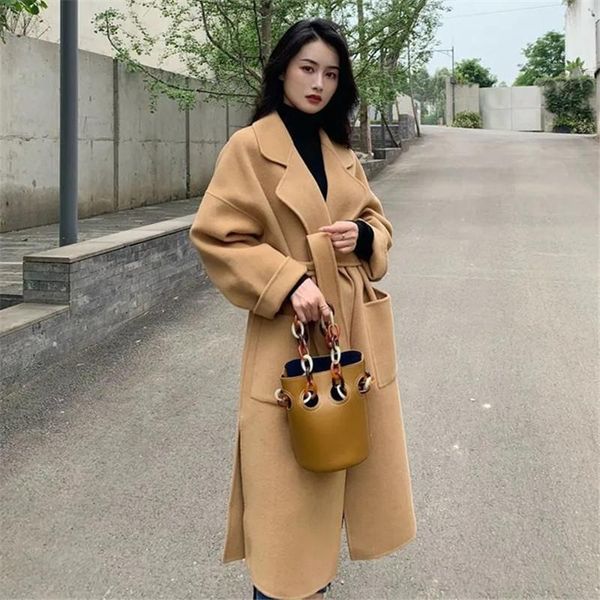 

women's wool & blends woolen coat autumn winter solid color lapel thickened lace long overcoat temperament fashion commuting female zm1, Black