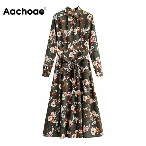 

aachoae boho print shirt dress autumn spring long sleeve elegant floral midi dress lapel collar office casual bandage dress robe 210413, Black;gray