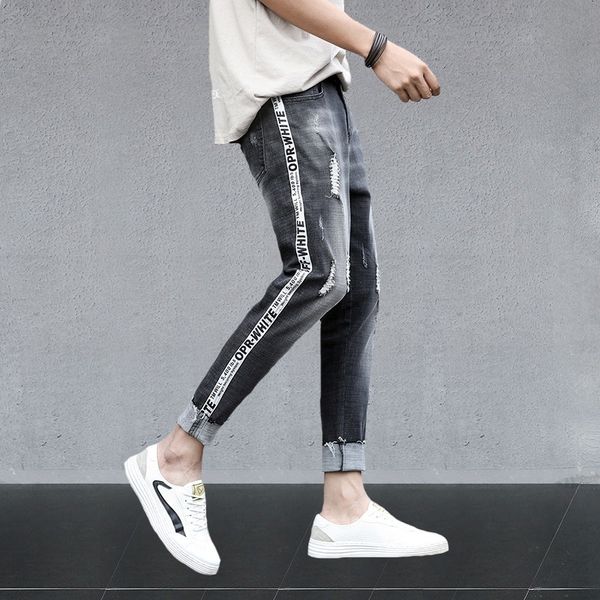 

men's jeans denim jeans men's ripped self-cultivation striped ribbon feet pants korean hong kong style wild summer thin pencil cre, Blue