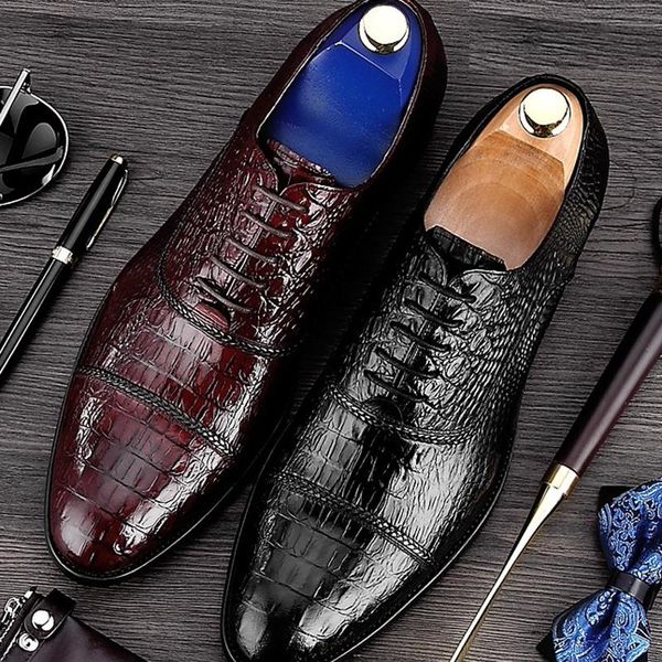 

dress shoes luxury designer genuine leather men's alligator print oxfords formal round toe man wedding flats male handmade bql95, Black