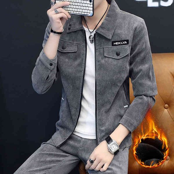 

men's coat autumn and winter new wear youth korean version plush thickened slim fit lapel corduroy men's et, Black