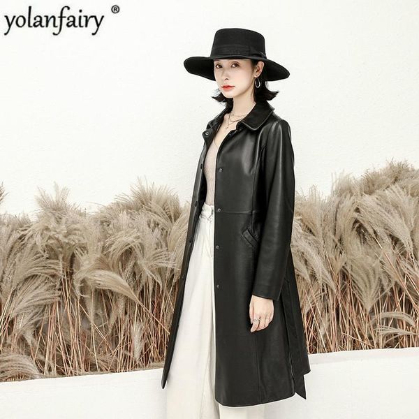 

women's leather & faux real jacket women korean long spring autumn sheepskin coat fashion slim cuero genuino 2191 pph375, Black