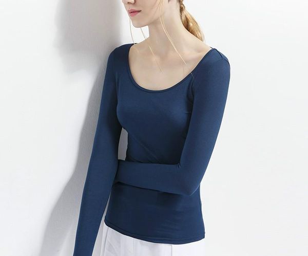 

women's t-shirt 2021 winter solid color modal fabric art u-neck slim long sleeve bottomed, White