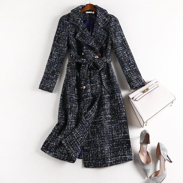 

women's wool & blends winter 2021 autumn women long tweed woolen coats turn down collar double breasted plus size outerwear 4xl 5xl y47, Black