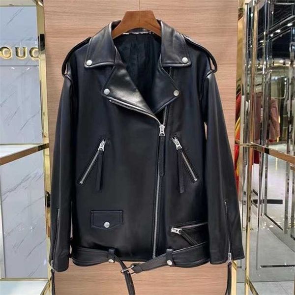 

fashion female's clothes genuine leather jacket women coat spring wide version locomotive model style real sheepskin 211118, Black