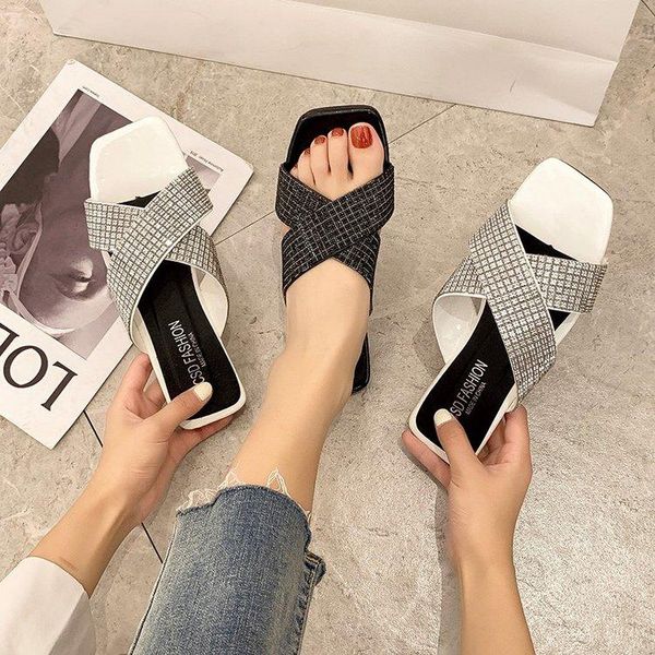 

plus size cross strap rhinestone women slippers sandals shoes antiskid flat sole woman slides beach, Black