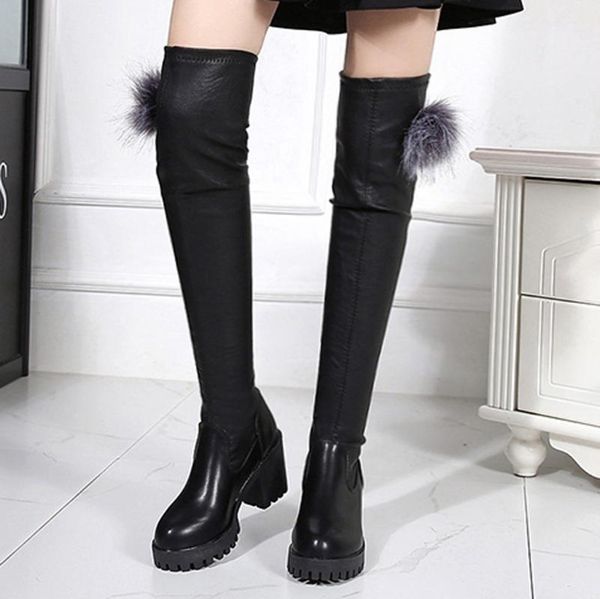 

boots women's winter boot slip-on square heel high over-the-knee long casual pu leather tube booties platform keep warm, Black