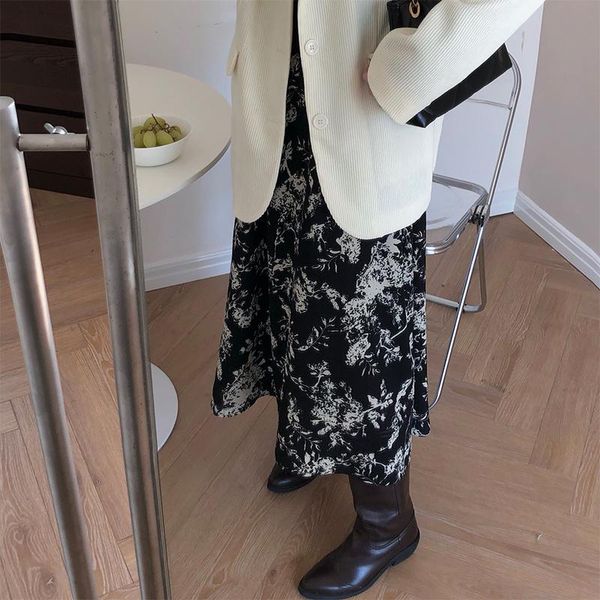

hzirip all match sweet florals women high waist printed flowers 2021 streetwear office lady a-line gentle long skirt skirts, Black