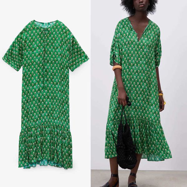 

za retro floral print long green dress women short puff sleeve o neck ruched party dresses woman ruffle hem sumemr dress 210602, Black;gray