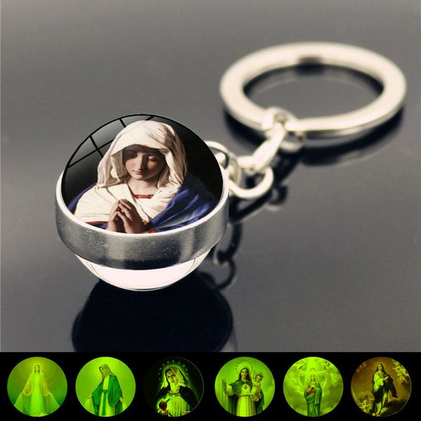 

blessed virgin mary mother of baby jesus luminous keychain double side glass ball keyring catholic christian key chain holder, Silver