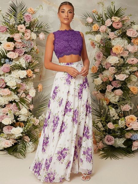 

lace zip back tank & floral print flared skirt u162#, White