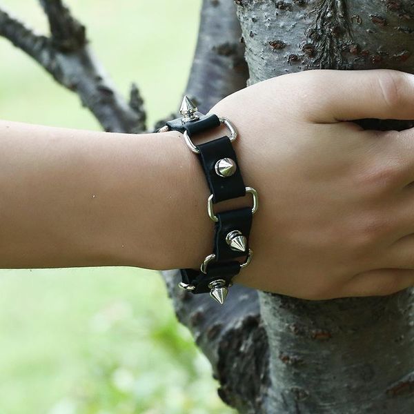 

charm bracelets fashion jewelry gothic metal cone stud rivet leather wristband men punk style bangle spike jerlwry agift, Golden;silver
