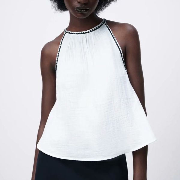 

za arrival summer women backless blouse 100% cotton sleeveless female loose thin casual sweet girls shirt 210422, White