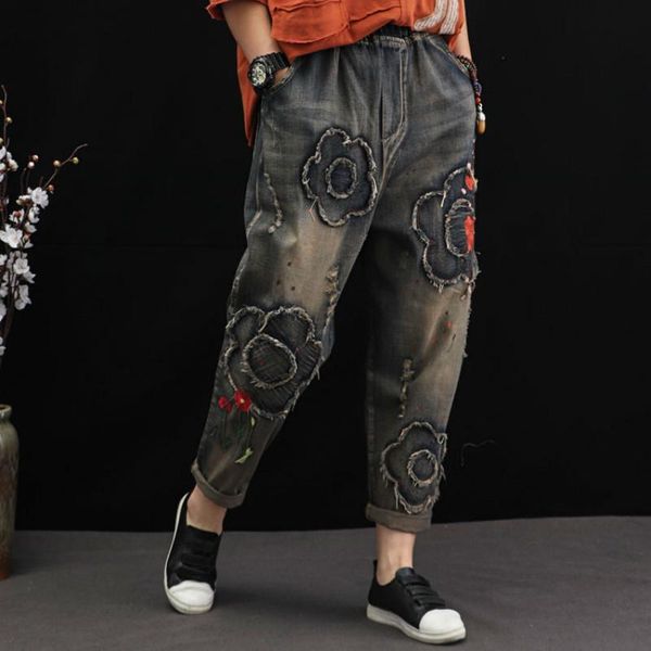

women's jeans spring autumn korean fashion women patchwork female retro ripped denim pants loose elastic waist casual harem trousers, Blue