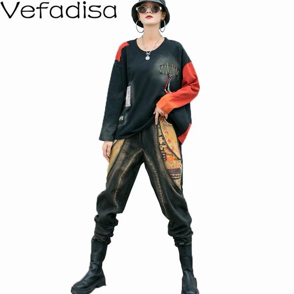 

women's tracksuits vefadisa stitching color denim set women two piece 2021 autumn plus size pullover + harem pants qyf4155, Gray