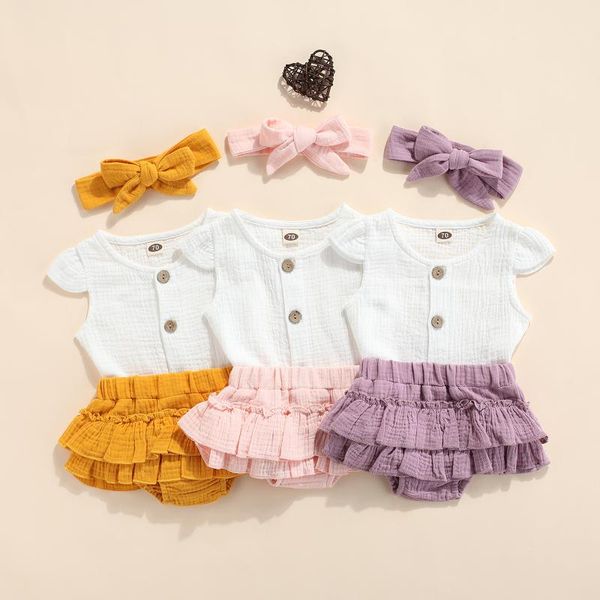 

clothing sets fashion summer baby girls 3pcs clothes set solid color cotton linen round collar +high waist shorts+headdress kids suit, White