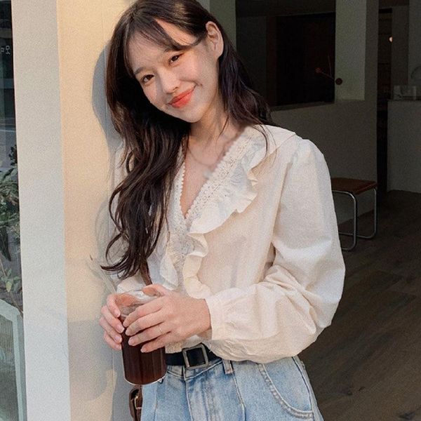 

women's blouses & shirts women's fashion v-neck lace hollowcasual sweet long sleeve shirt blouse 2021, White