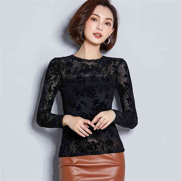 

flocking flower t shirt women mesh lace long sleeve shirt knitted blusas bottoming autumn camisas mujer t89611 210421, Black;gray