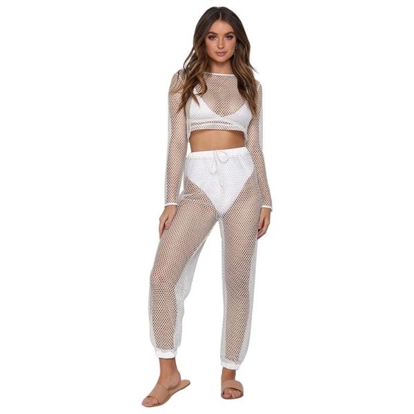 

women's two piece pants hollow out women set black white o-neck crop and