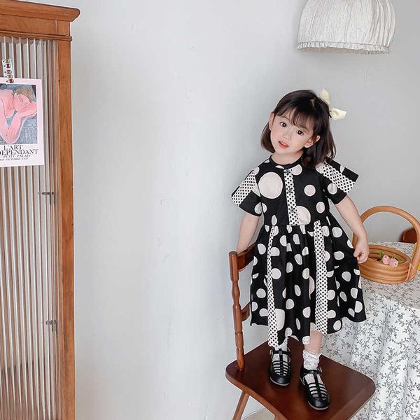 

korean style baby girls black white dot geometric loose short sleeve dresses 1-6 years kids children clothes summer 210615, Red;yellow