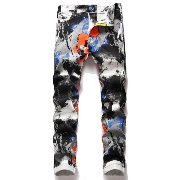 

men's jeans 2021 camouflage roll printed youth stretch slim fit skinny trousers, Blue