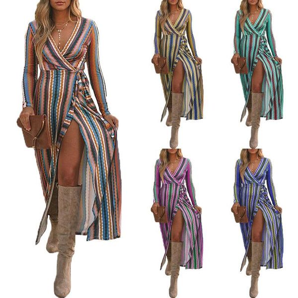 

2021 autumn european beauty dress stripe print long-sleeved v-neck open fork with a dress, Black;gray