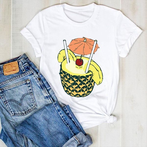 

pineapple juice print fashion women fruit beach summer tee clothes graphic, White