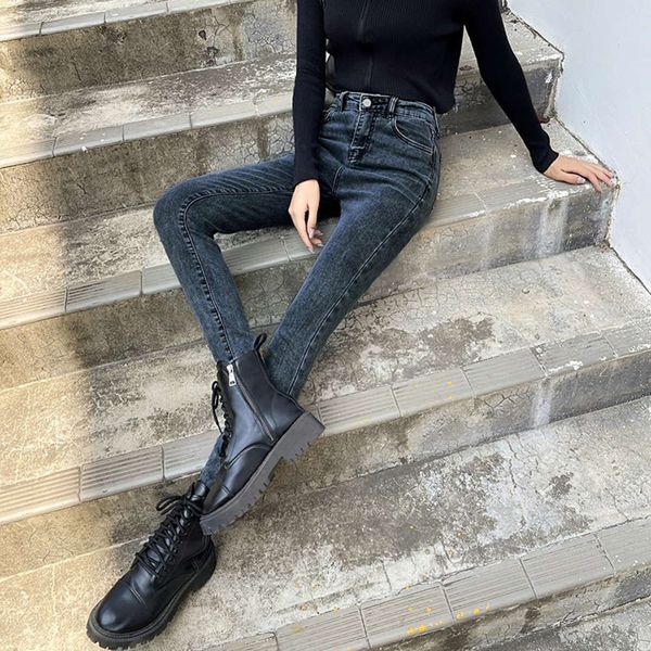 

blue grey autumn and winter thick high waist thin small leg pants fashion tight
