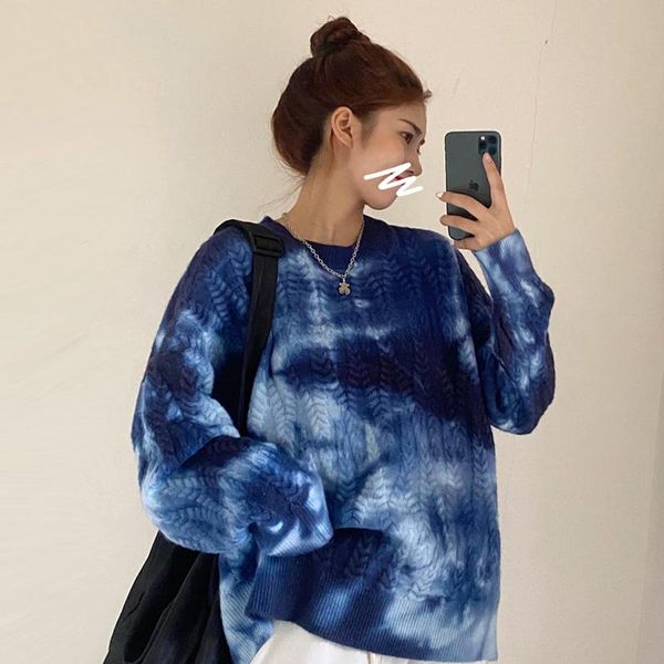 

women's sweaters women retro oversize tie dye color pullovers autumn and winter streetwear loose long sleeve basic knit, White;black
