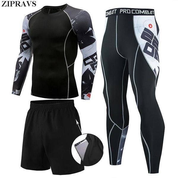 

men's tracksuits 3 piece set zipravs brand fitness clothing gym compression shirt suit quick-drying running sportswear, Gray