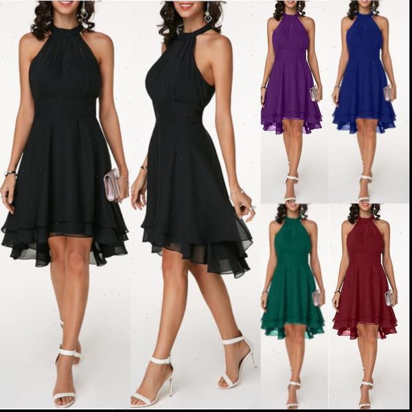 

summer elegant cropped layered women dresses high waist halter sleeveless midi solid color chiffon party slim, Black;gray