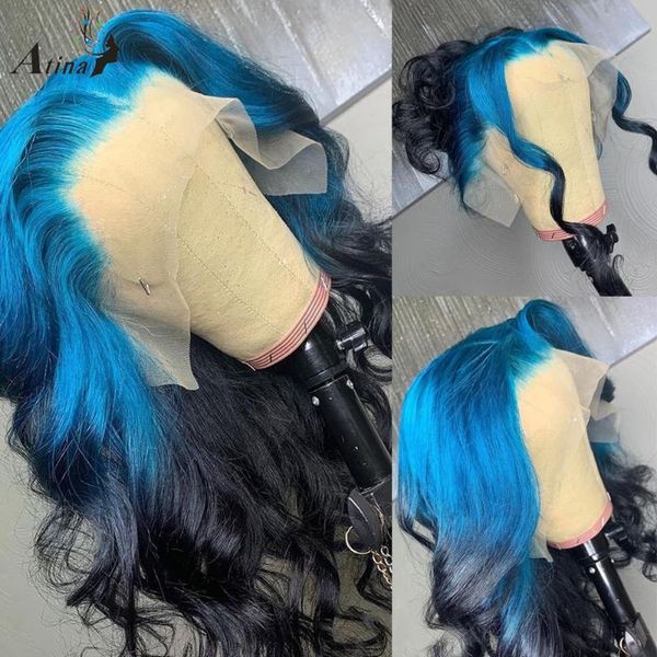 

lace wigs ombre blue colored deep wave frontal wig hd transparent short water human hair full 250 front pre plucked, Black;brown